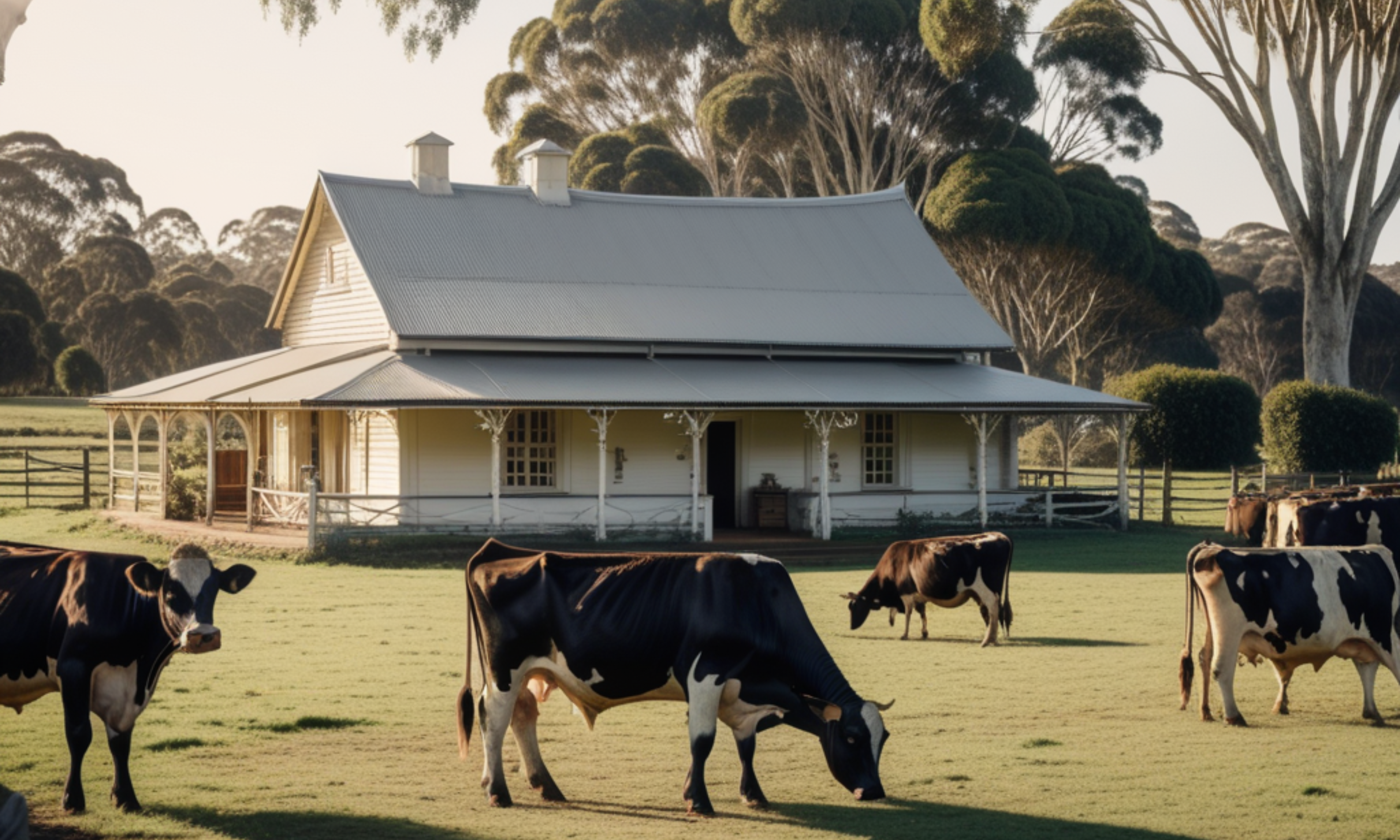 vintage dairy farm house with cows in pasture